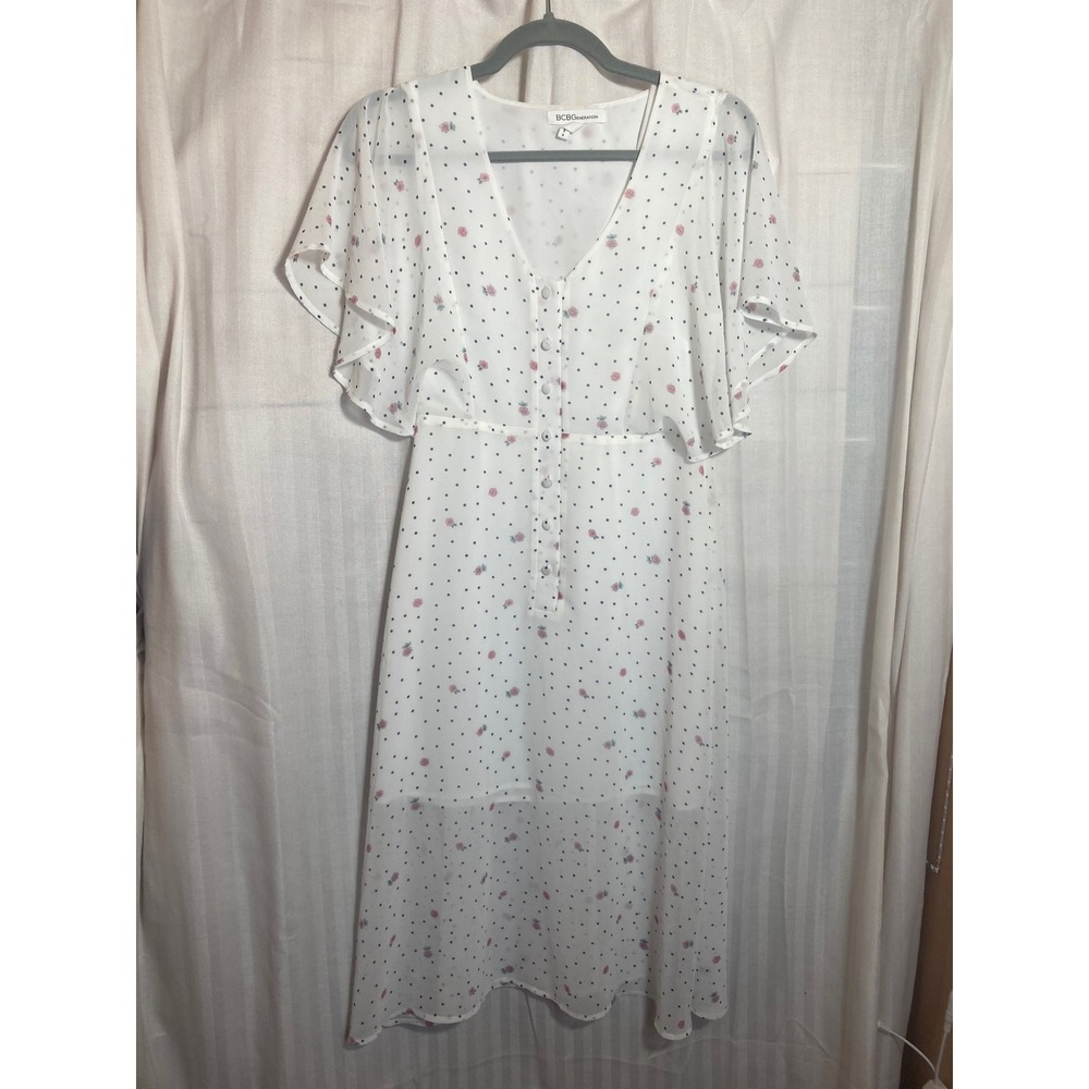 BCBGMAXAZRIA White Floral Dot Flutter Sleeve V Neck‎ Midi Dress 6 Coquette